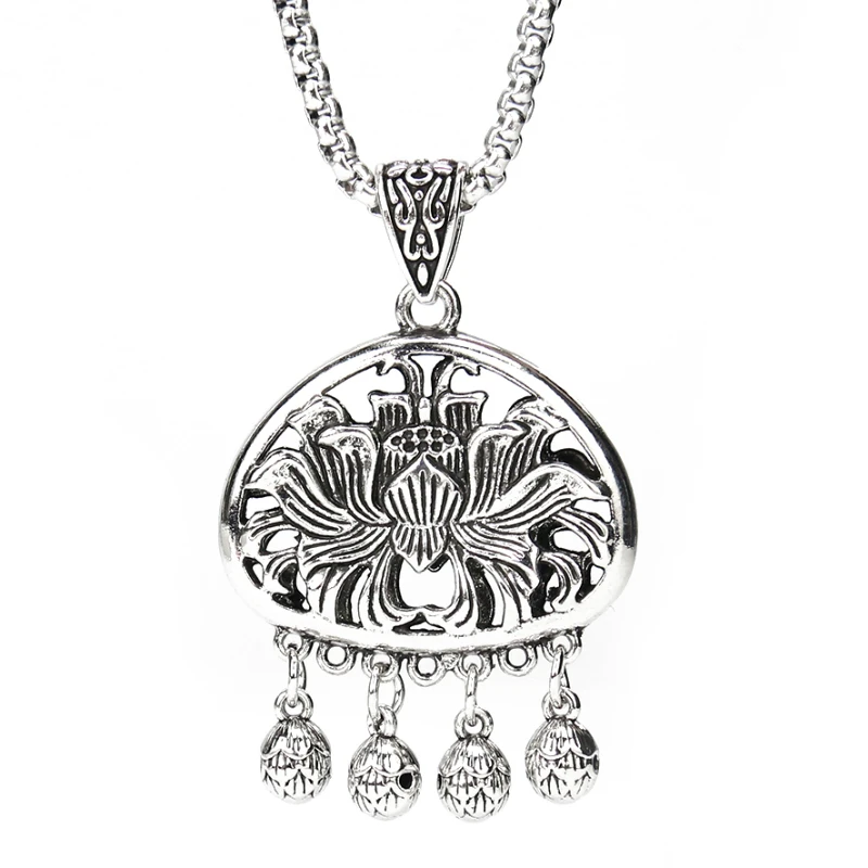

Stainless Steel Lotus Flower Necklace Silver Bell Tassel Retro Fortune Buddhism Hinduism Sweater Chain Amulet Woman Jewelry Gift