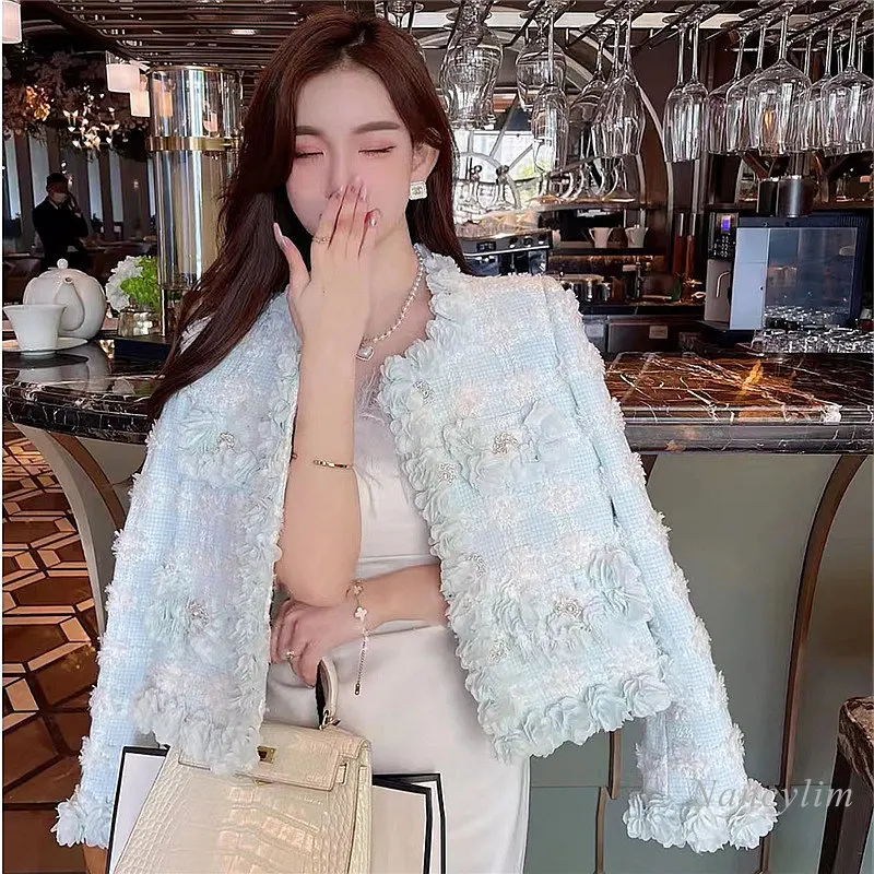 Woolen Coat Women Autumn and Winter 2022 Heavy Beads Petal Floral Green Tweed Short Jacket Luxury Lady Chic Top Party Outwear