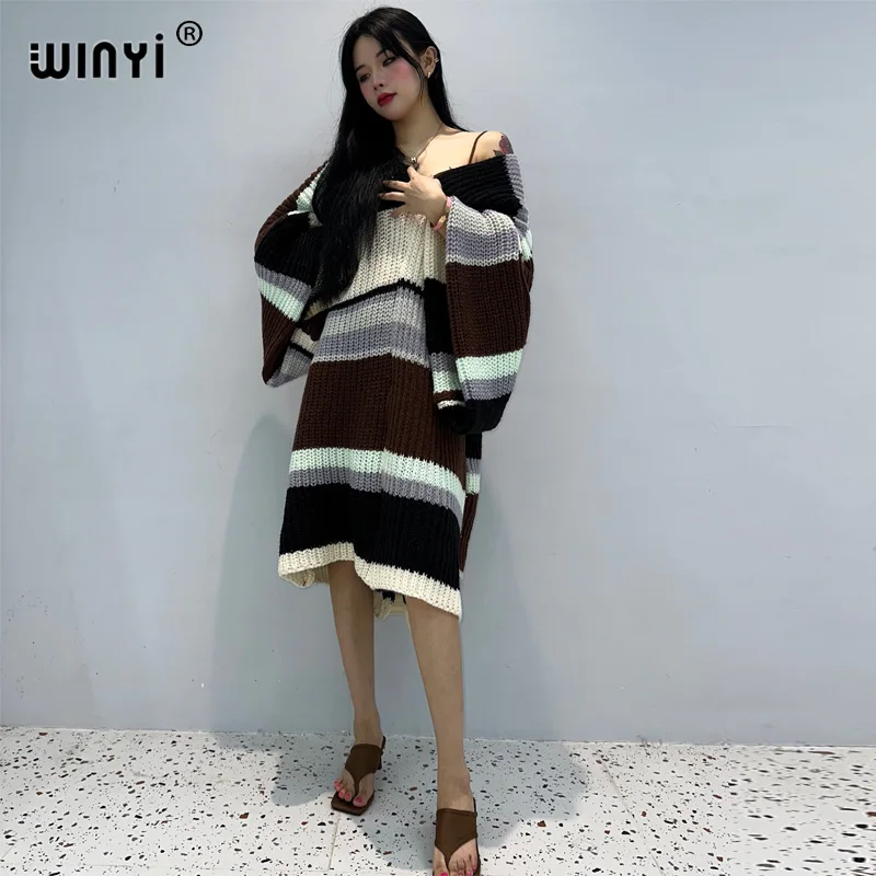 

WINYI winter dress Comfort Warm stripe print kaftan Holiday dress Elegant party winter clothes for women kuwait tassels clock