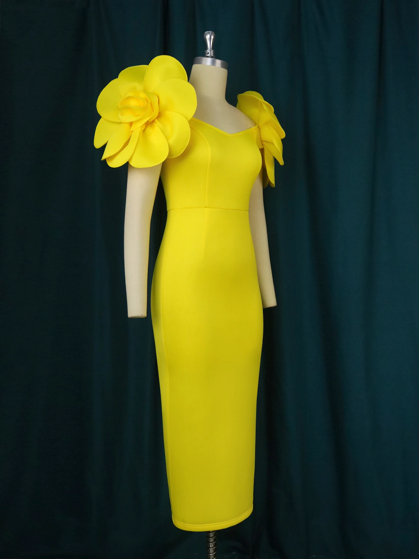 ONTINVA Sheath Dress Plus Size 3XL 4XL Flower Sleeve Yellow Bodycon Long Prom Midi Evening Cocktail Event Party Gowns for Women