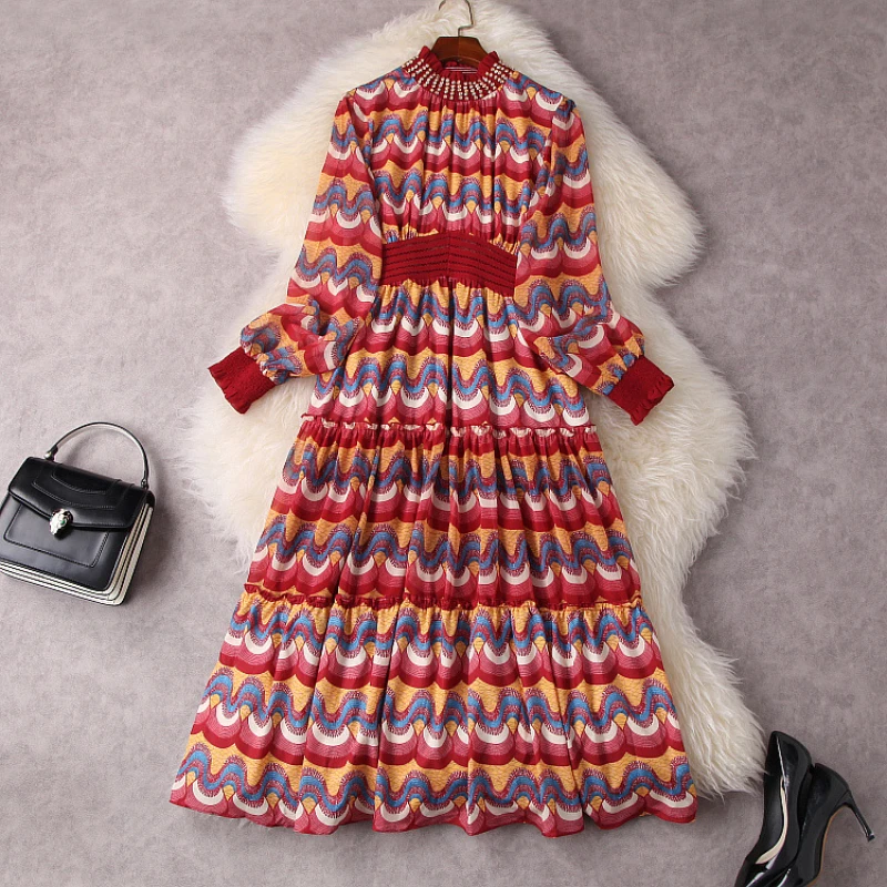 

2022 New Long Sleeve Pin Bead Stand Collar Fashionable Red Print Pleated Dress European and American Women's Wear Spring