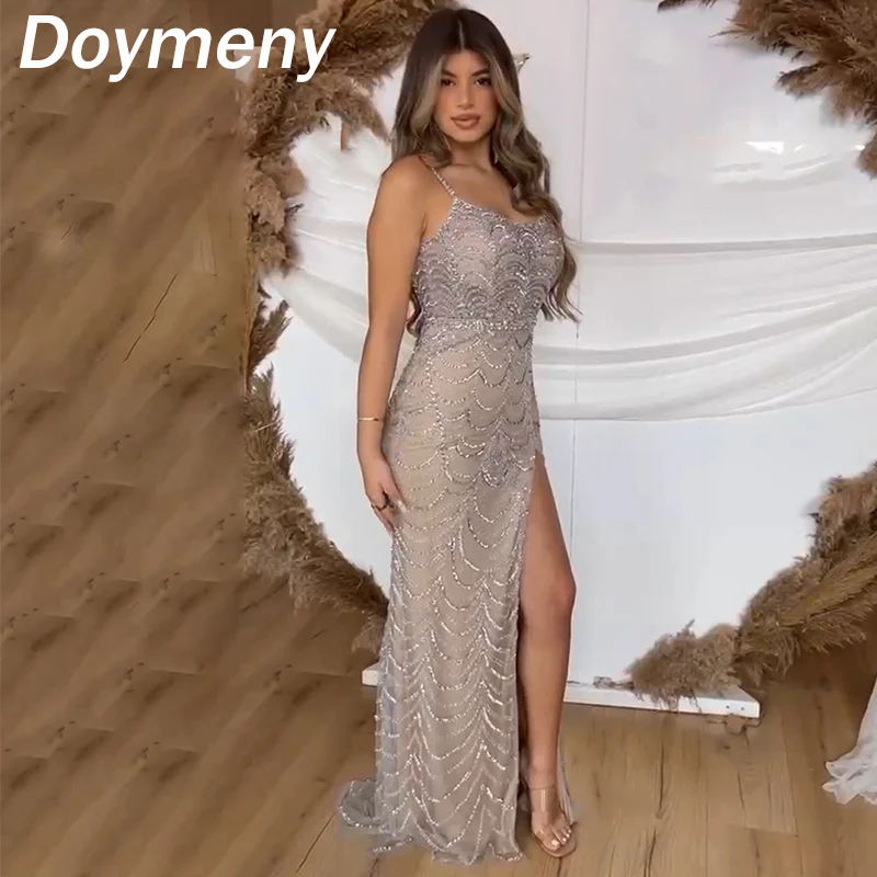 

Doymeny Women’s Sparkle Beaded Prom Dress Sequin Square Neckline Mermaid Cocktail Dress with Split Formal Evening Party Gowns