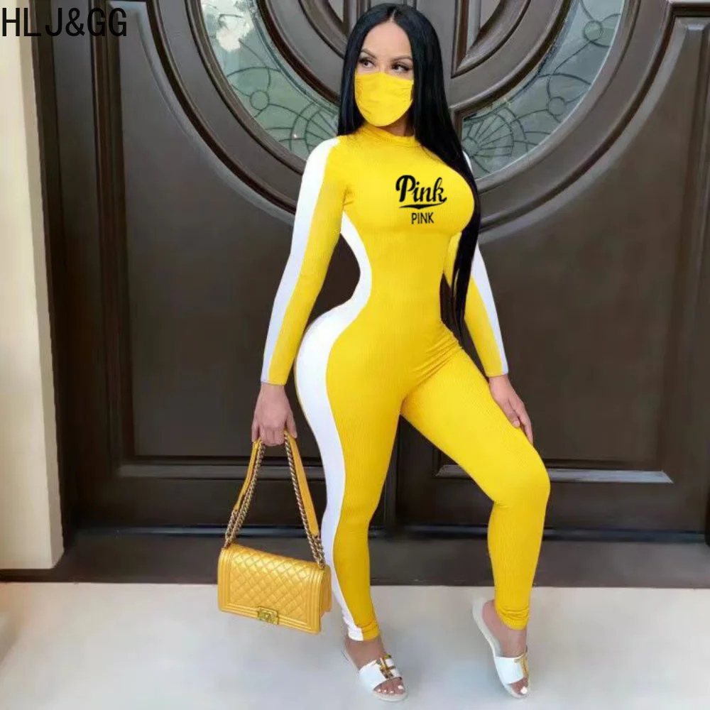 

HLJ&GG Fashion PINK Letter Print Patchwork Jumpsuits Spring Women O Neck Long Sleeve Slim Playsuits Casual Bodycon Sport Rompers