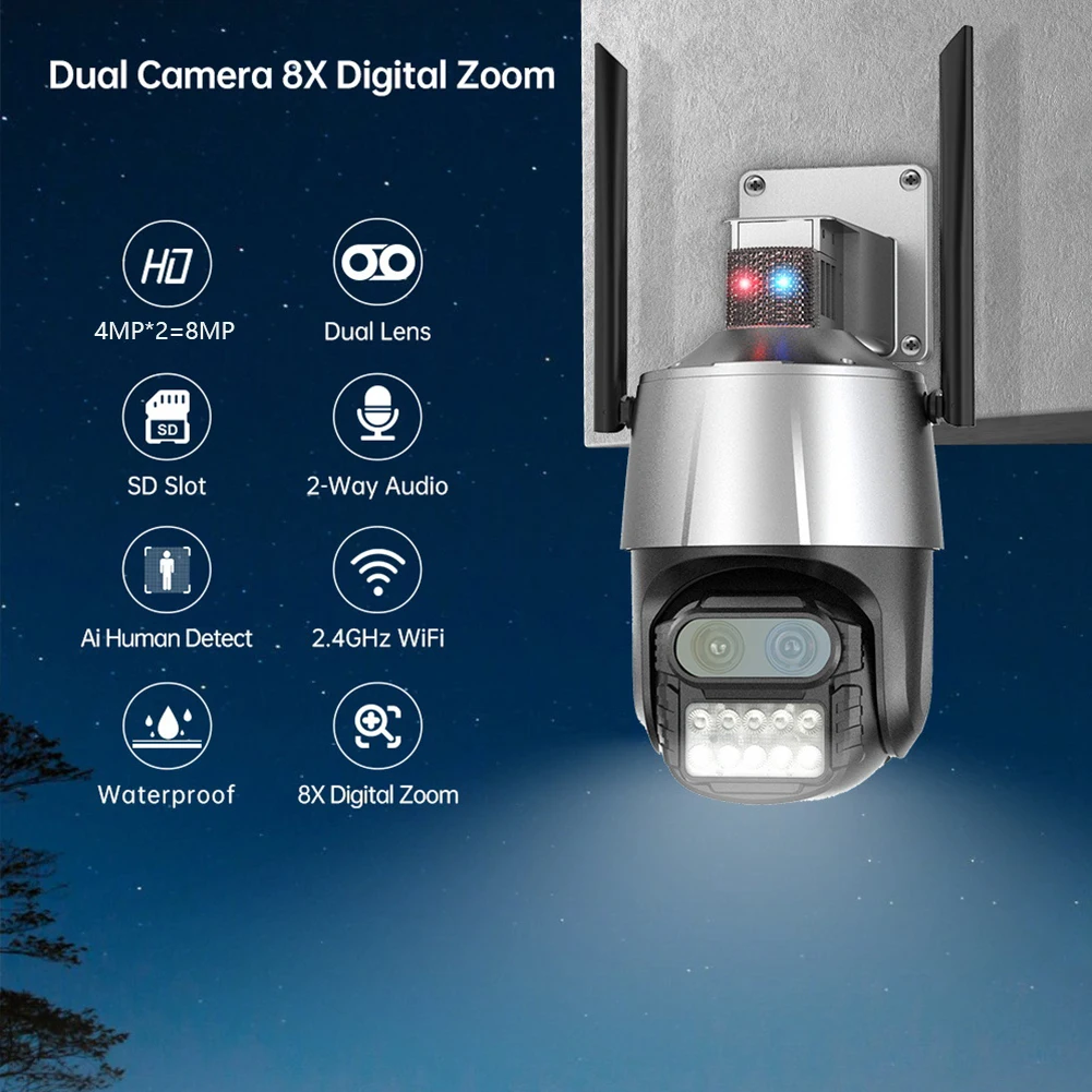 

8MP 4K 2.4G WiFi Security IP Camera Human Detection Waterproof Surveillance IP Camera Dual Lens Two-way Audio Outdoor Monitoring