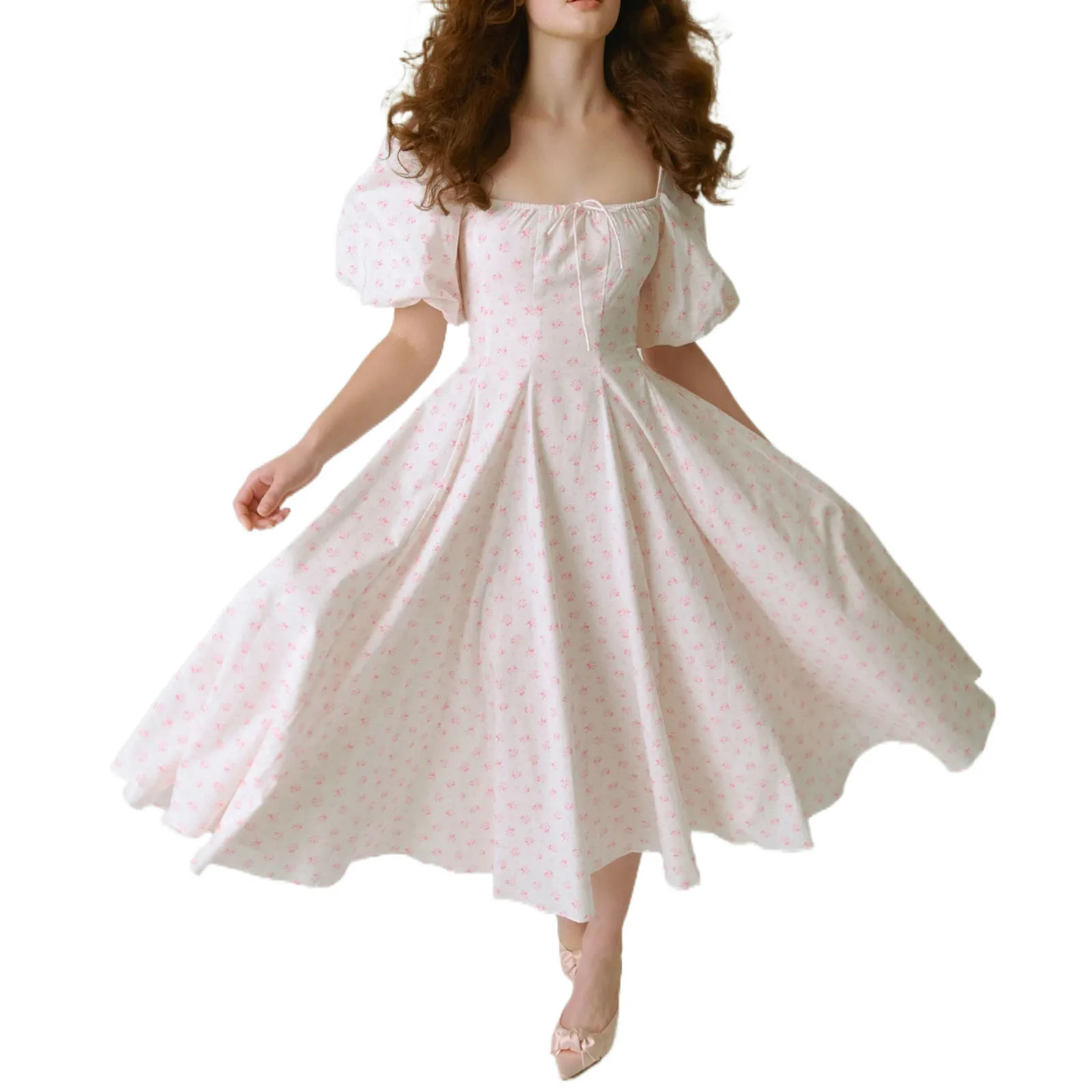 

Women Floral Dress Casual Short Puff Sleeve Plain/Floral Square Neck High Waist Dress, Ladies Summer Long Dress