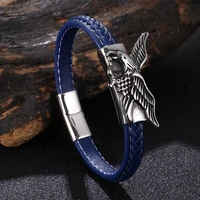 fashion braided leather men bracelet stainless steel eagles animal magnet bangle jewelry mens charm wristband male gift fr1232