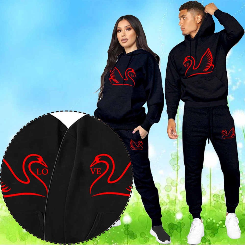 2022 Fashion Lover Sportwear Set LOVE Goose Printing Couple Sweatshirt Plus Size Hooded Clothes 2PCS Hoodies Women