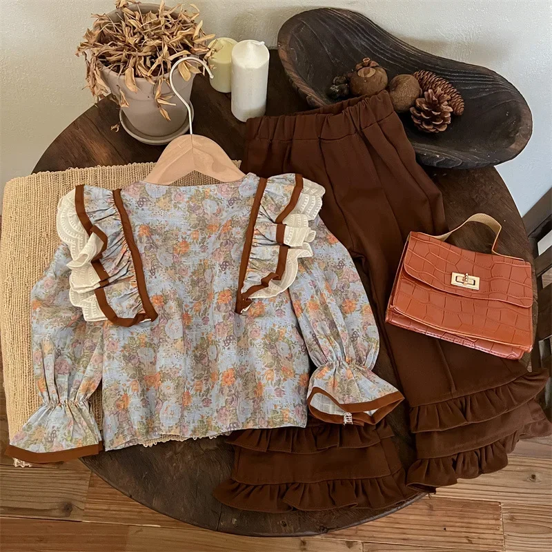 Модная детская одежда милая рубашка с цветочным рисунком для маленьких девочек +