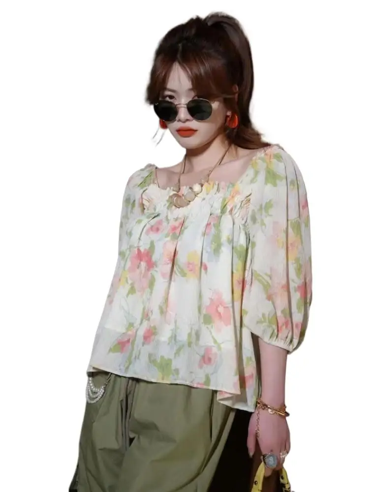 

Summer Women Ruffle Half Sleeves Top Floral Print Top Chiffon Blouses Beach Shirt 2023 New Square Neck Off Shoulder T-Shirts