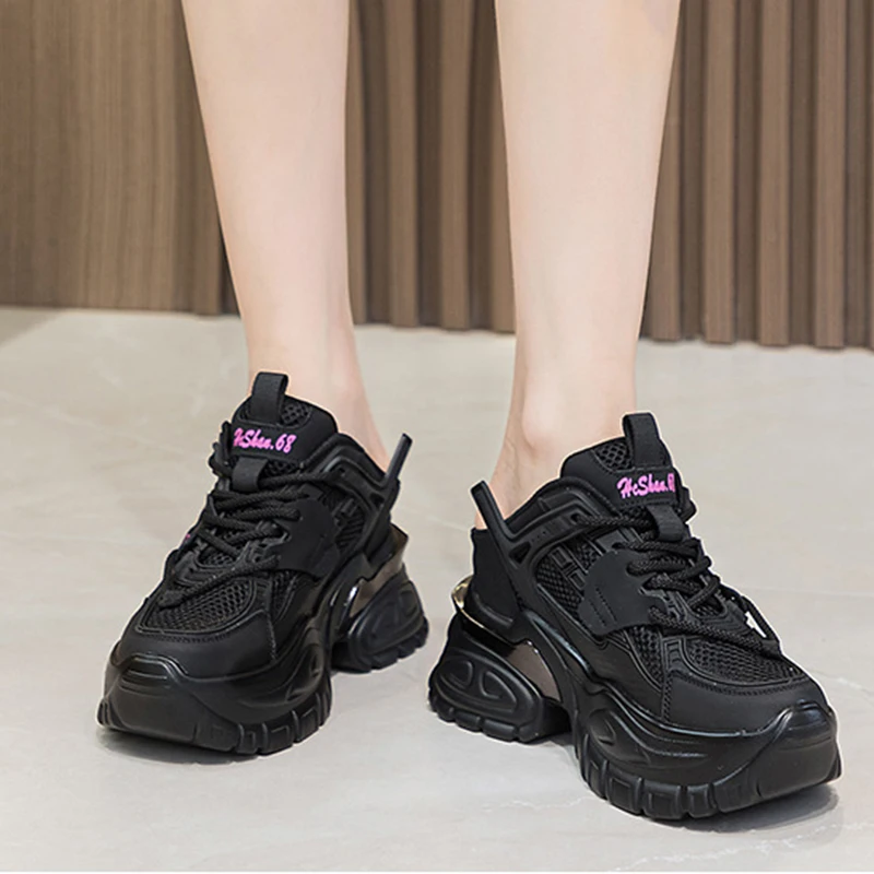 10.5cm2023 Comfy Air Mesh Hollow Female Platform Wedge Chunky Sneakers Genuine Leather Rhinestone Fashion Summer Women Shoes