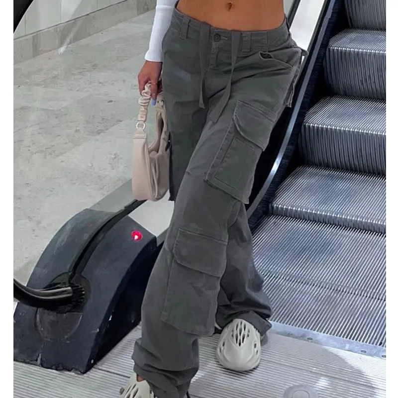 

Womens Summer Vintage Grey Cargo Pants High Waist Wide Leg Jeans Baggy Casual Fashion Multiple Pockets Mom Hip Hop Street Style