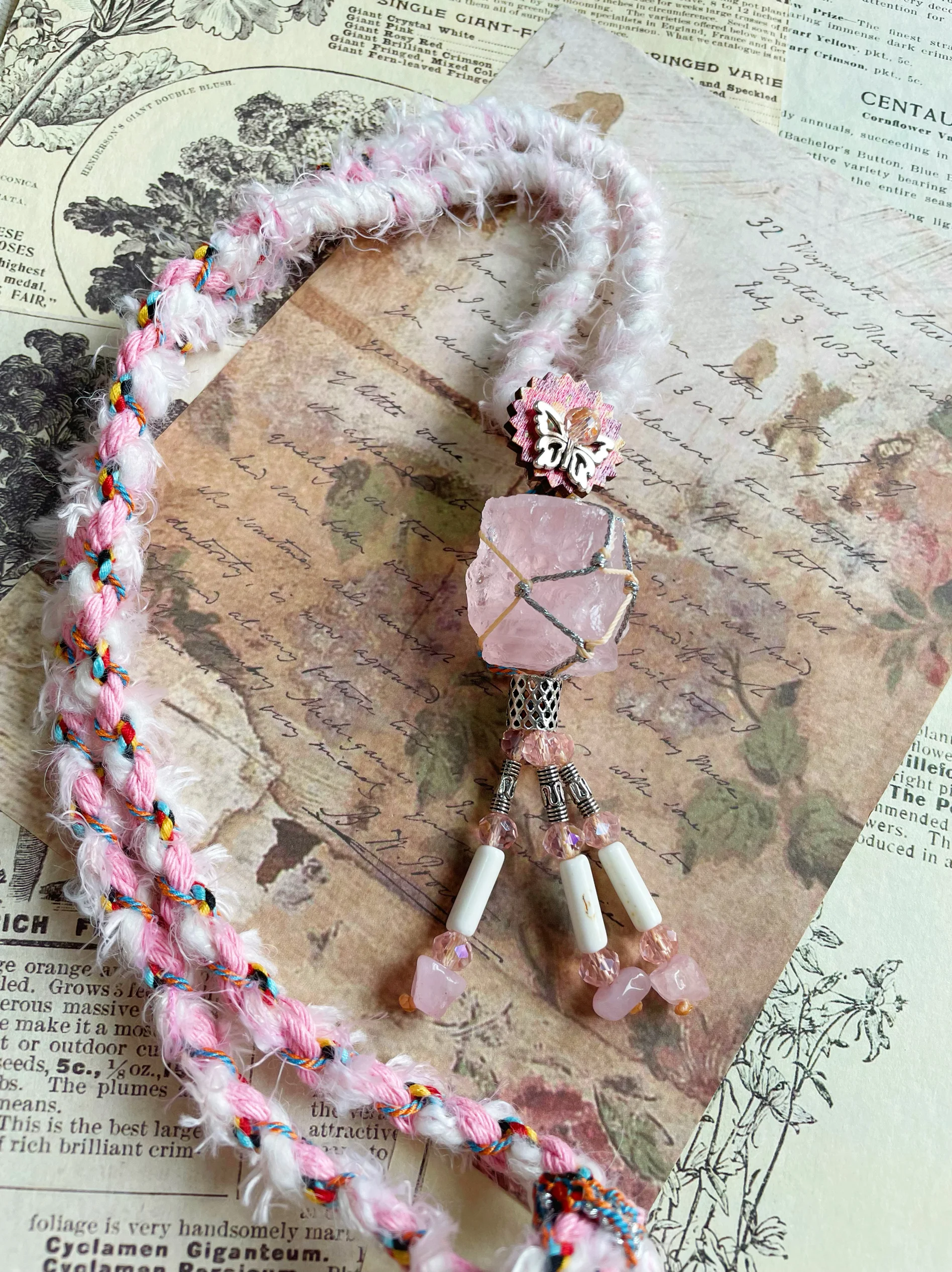 Motional Sle Coconut Crystal Stone Mesh Bag Pendant Multi-Color Hand-Woven Mixed Line Necklace