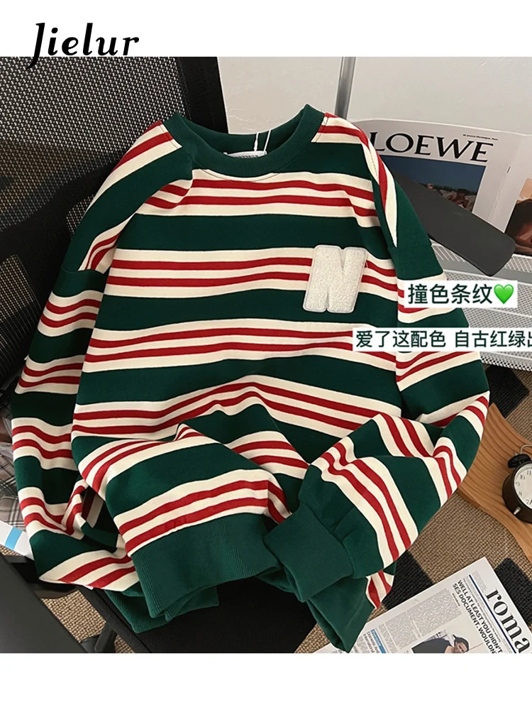 

Толстовка Jielur женская с вышивкой в стиле Харадзюку, хлопковый тонкий свитшот в синюю полоску с длинным рукавом, корейский стиль, на осень