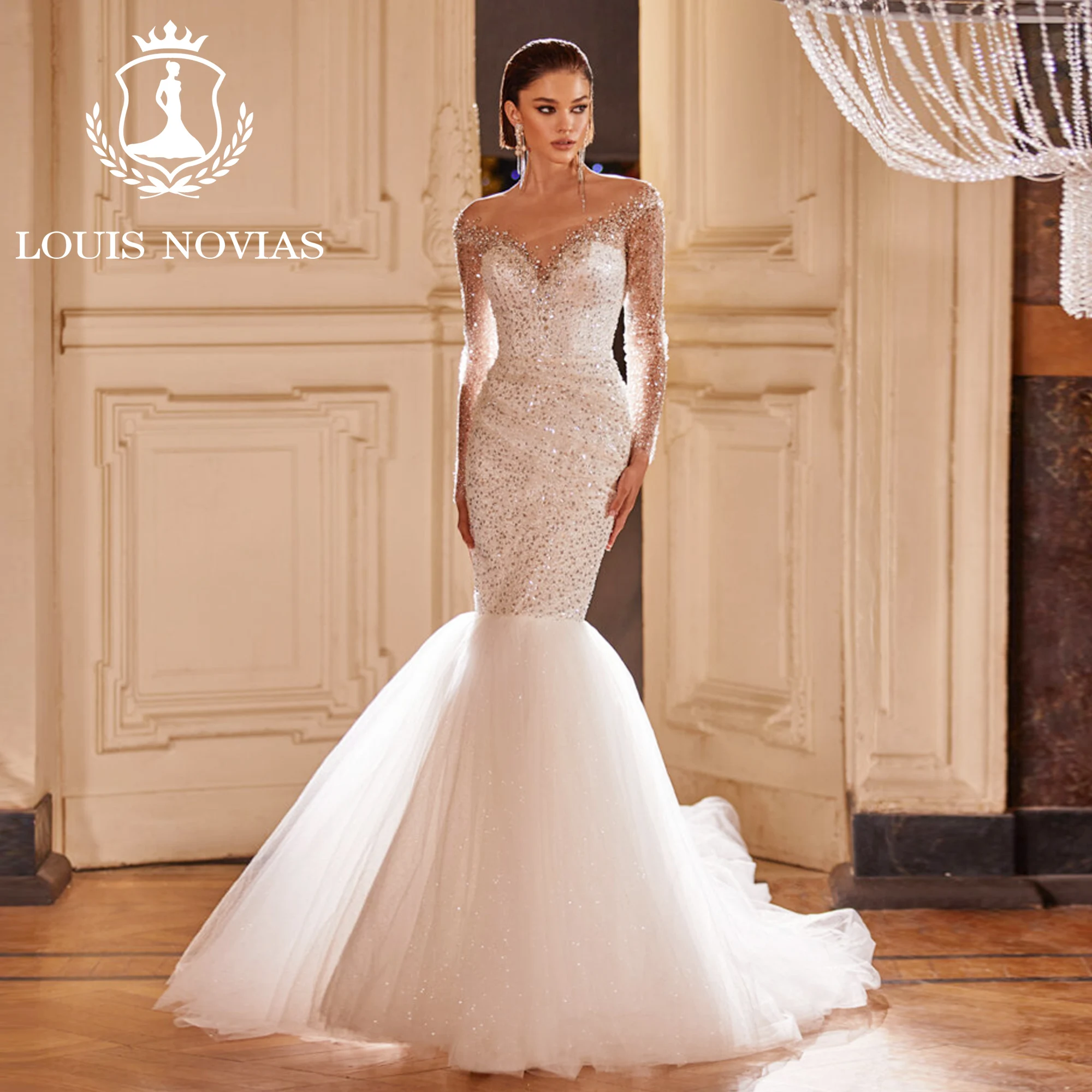 

LOUIS NOVIAS Luxury Mermaid Long Sleeve Wedding Dress 2023 Sweetheart Beading Sequined Slim Satin Wedding Gown Vestidos De Novia
