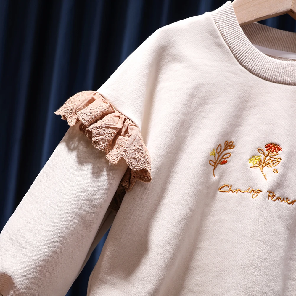 Хлопковая футболка для девочек 1-7 лет рубашка с цветочной вышивкой осенняя