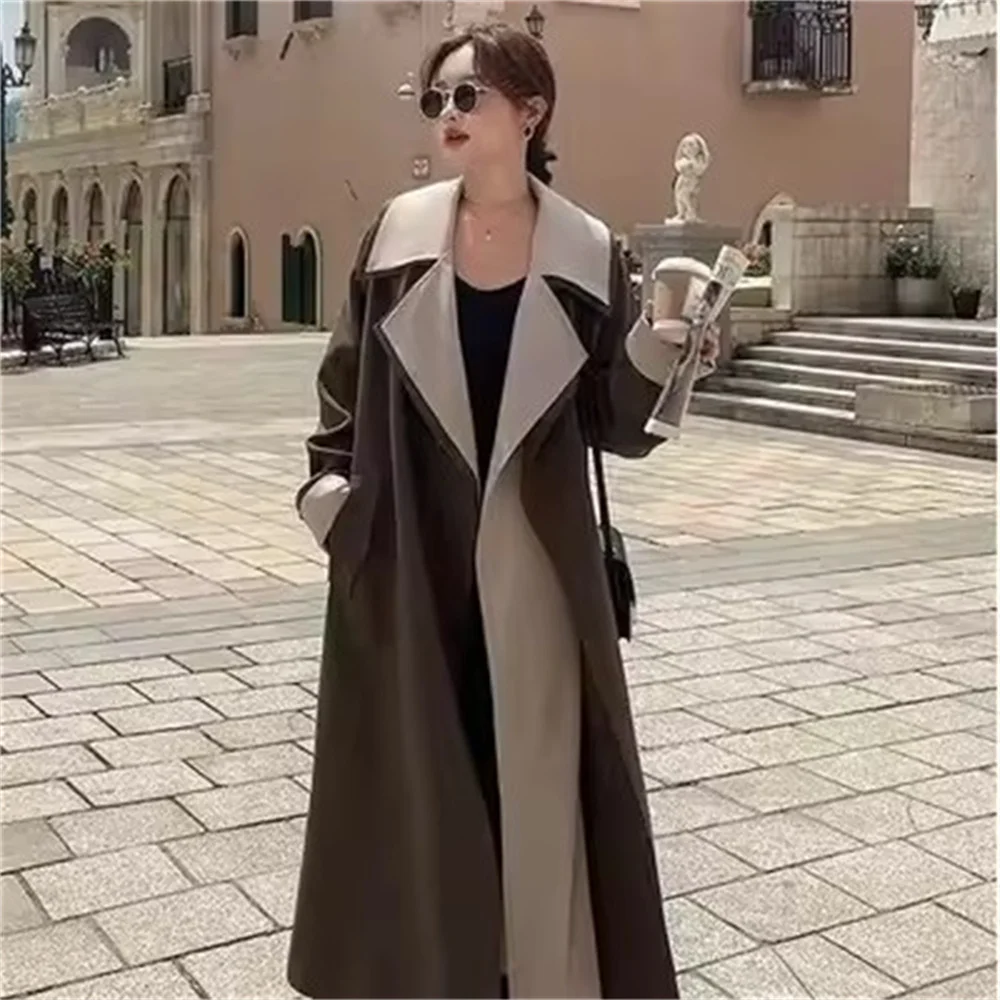 

Ultra-long Ankle-length Trench Coat Women Autumn 2023 New Korean Hepburn Contrast Double-Layer Fake Two-piece Pendant Outwear