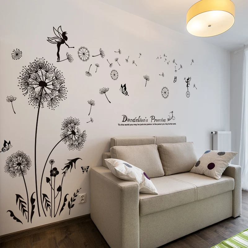 

[SHIJUEHEZI] Black Dandelion Elf Wall Stickers Vinyl DIY Flower Plants Mural Decals for Living Room Kids Bedroom Home Decoration