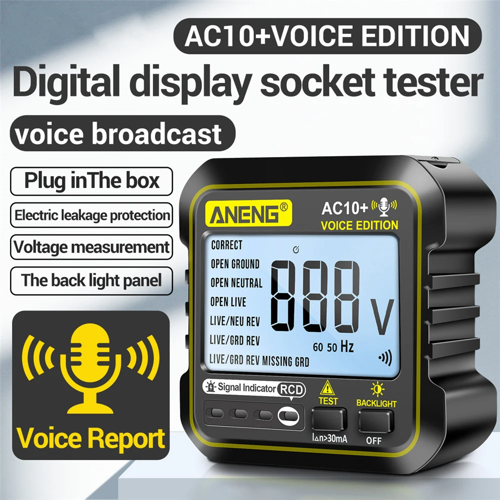 

AC10+ 90~250V Socket Tester Plug Voltage Detector Voice Broadcast Zero Line Plug Polarity Phase Check Phase Detecter US EU Plug