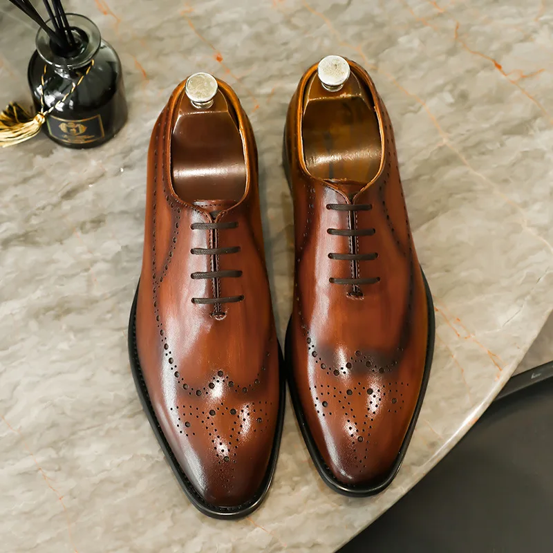 

Vintage Style Men Genuine Leather Brogue Carved Shoes Handmade Cow leather Carved Breathable Wedding Formal Dress Shoes