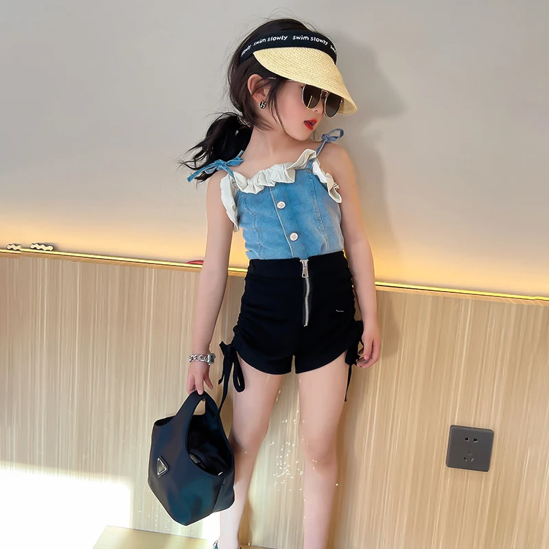 

Летняя джинсовая жилетка для девочек, детские топы, детский жилет для малышей, Детская уличная одежда, модная кружевная юбка с оборками и ба...