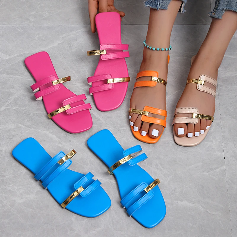 

Women's Slippers 2023 Summer Gold color Thin belt combination Square Head Flat Heel Female plus size outdoor beach women Sandals