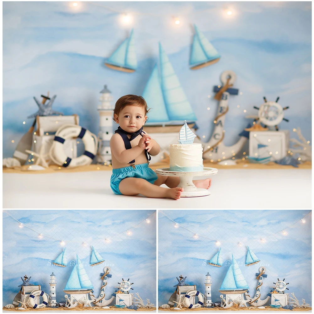 Фон для студийной фотосъемки с изображением парусной лодки и торта