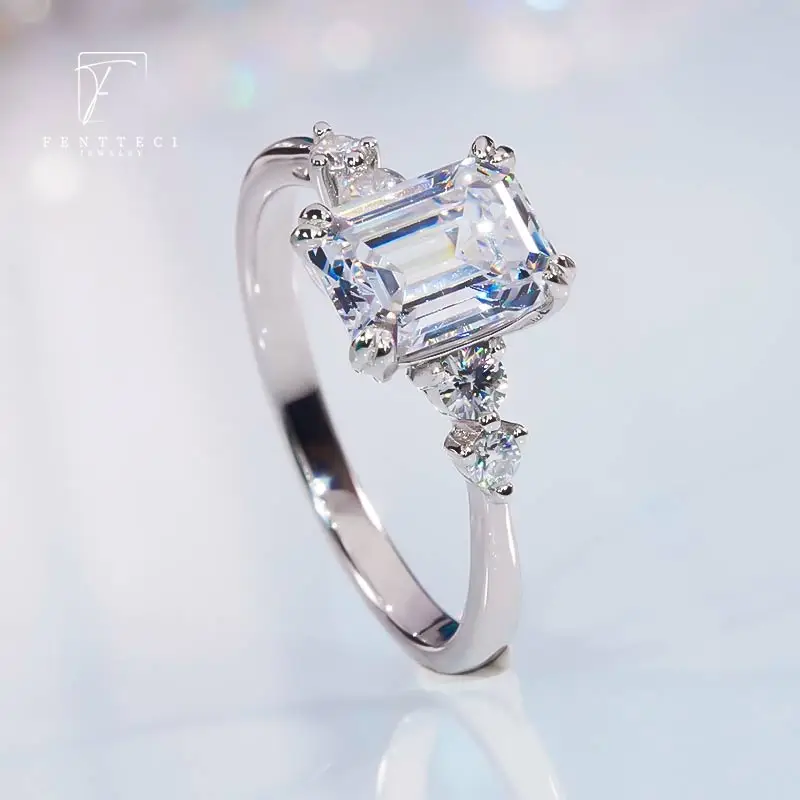 FENTTECI S925 Sterling Silver Platinum Plated Moissanite Ring Emerald Cut Ring Fine Luxury Jewelry for Women Engagement Wedding