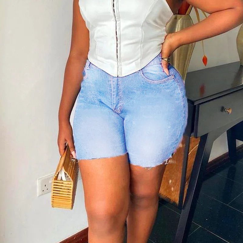Women Summer Cotton Solid Color Slim Fashion Jean Shorts 2023 Blue Straight High Waist Short Jeans Casual Denim Shorts New Lady