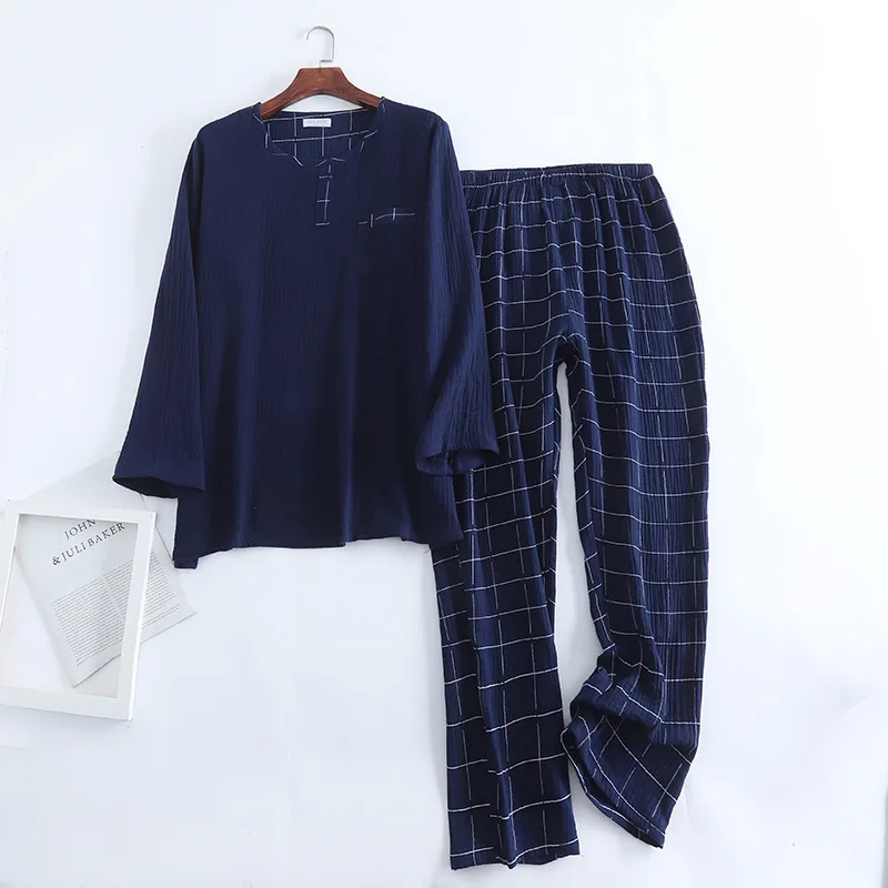 New spring and autumn men's 100% cotton crepe round neck plaid pajamas two-piece long-sleeved trousers plus size loungewear suit