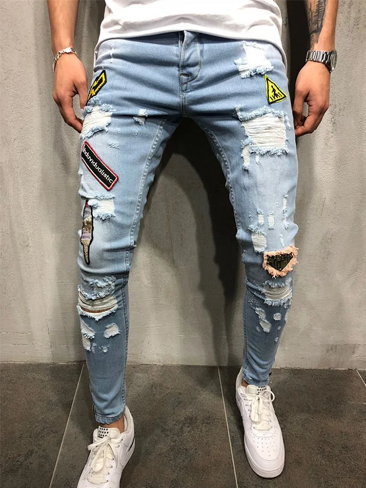 

Summer Autumn Men's Jeans Fashion Ripped Pants Applique Design Hip Hop Style Trousers Sexy Hole Male Jeans Skinny Casual Pants