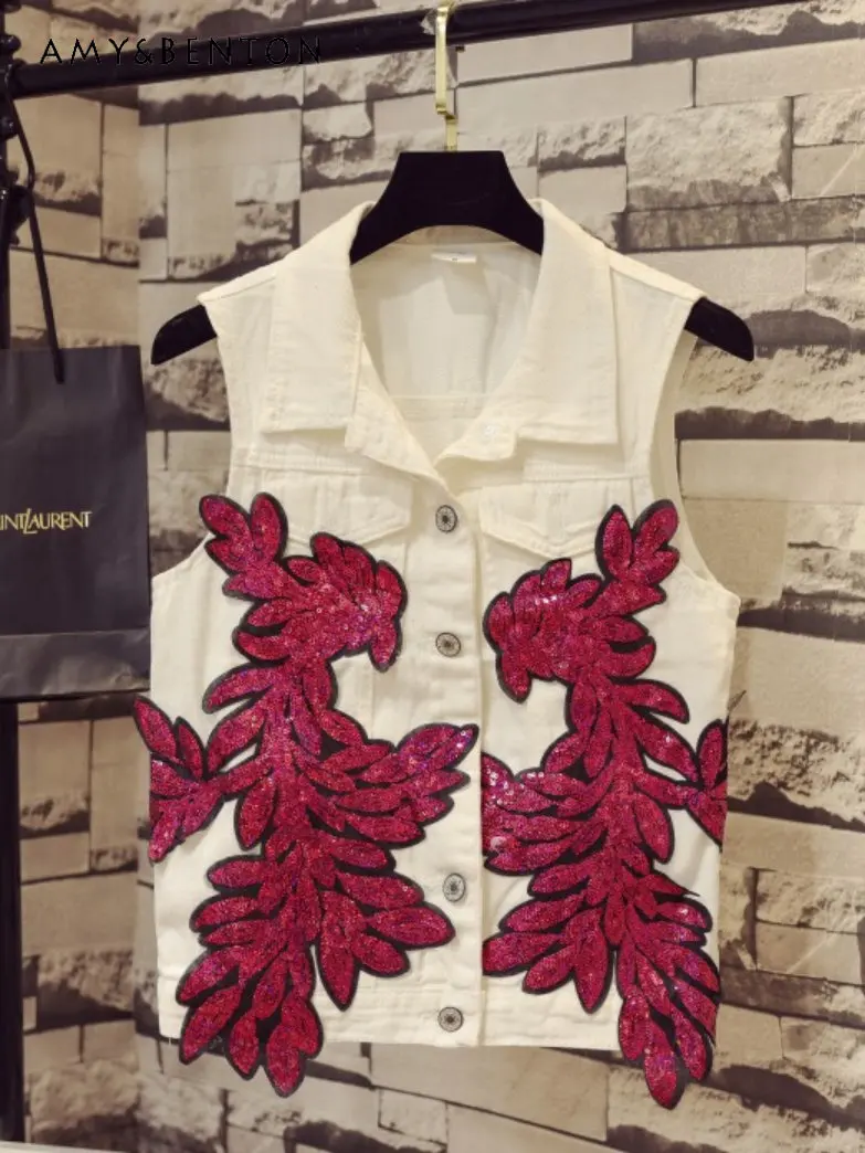 

European Goods Exquisite Rhinestone Denim Vest Women's Short Chic Spring/Summer All-Matching Slim Fit Frayed Sleeveless Jacket