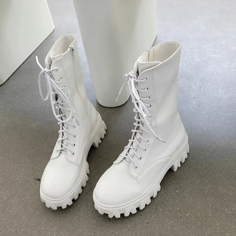 Women Mid Calf Boots Autumn Winter Boots Woman Fashion Lace-up Ladies Chelsea Zipper Botas Mujer Platform Heel Ladies Shoes