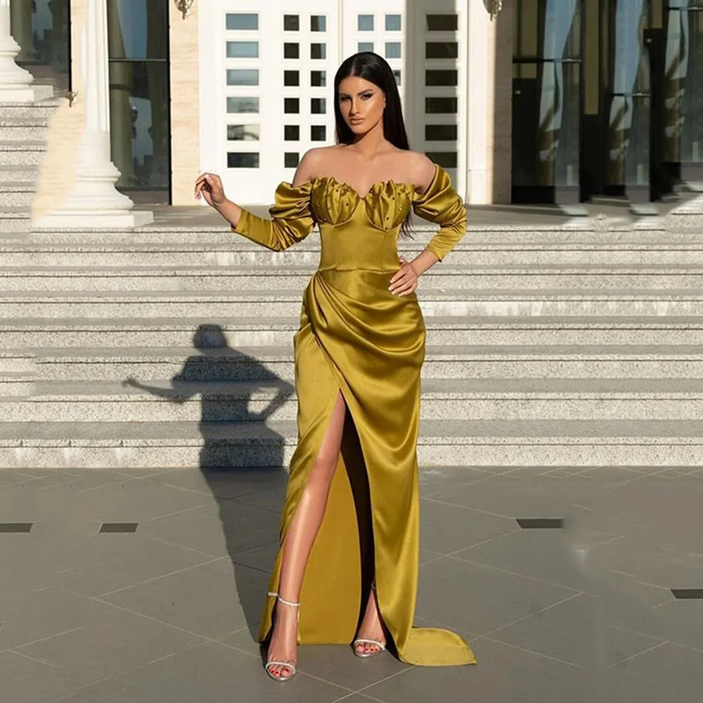 

Katerina Elegant Gold Satin Long Memarid Evening Dresse Sweetheart Beads Prom Dress off The Shoulder Side Slit Formal Party Gown