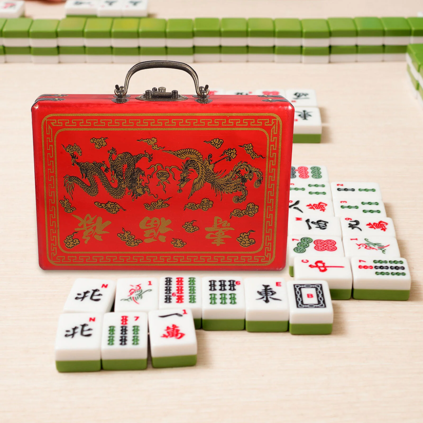 

Mahjong Storage Box Handle Design Carrier Retro Case Wooden Handles Handheld Household Organizer Vintage Style Travel Metal