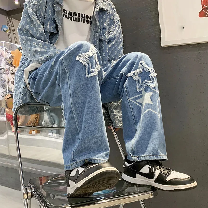 European And American High Street Hip-Hop Loose All Kinds Of Printing Straight Wide Leg Jeans Y2k Retro Harajuku Jeans Unisex