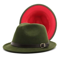 2022 new short brim green red patchwork jazz fedora hat for women with belt buckle men felt fashion panama top hat party wedding