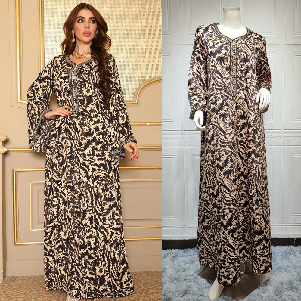 Женское платье макси в этническом стиле, элегантное платье с леопардовым принтом, в мусульманском стиле, жалабия, Дубай, марокканский кафта...