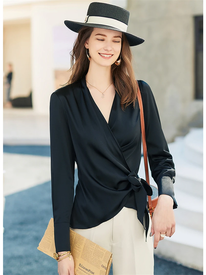 Весна 2024 модная атласная блузка женская элегантная с перекрестными шнуровками