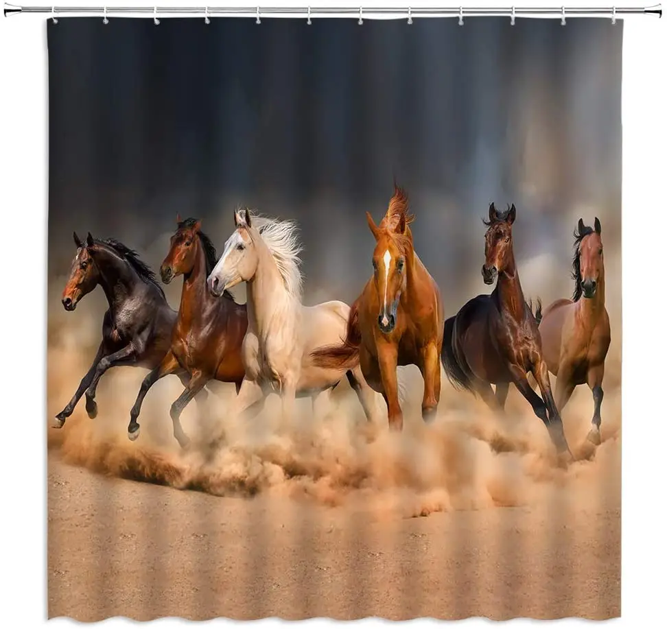 

Занавеска для душа с изображением лошадей, животных, фермерских деревьев, черная, коричневая лошадь, галипающая лошадь, стадо, дикие животны...
