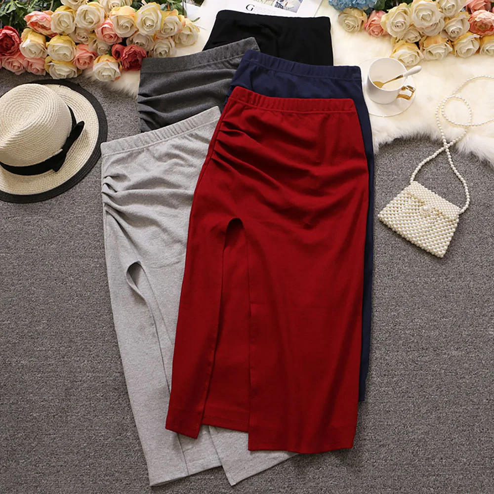 

Summer Slim Chic Sexy Skirts Women's Wrinkled Pencil Skirts Girls Midi Solid Soft Split Skirt Bottom For Female