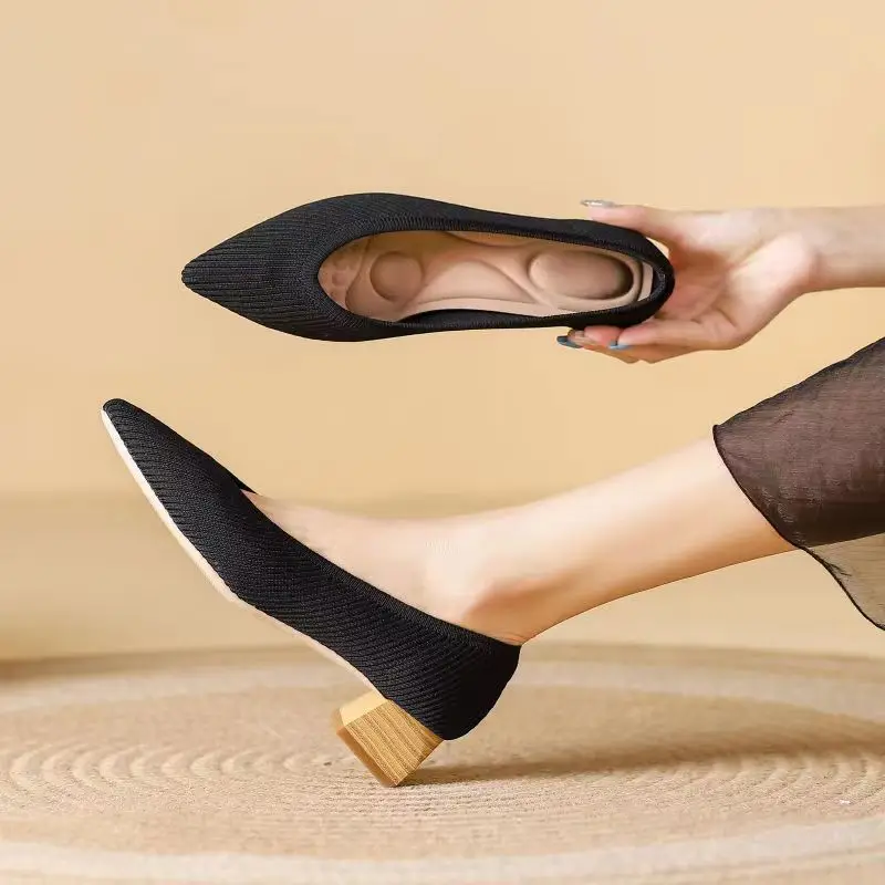 Женские туфли на высоком каблуке новинка 2023 модные вязаные удобные дышащие