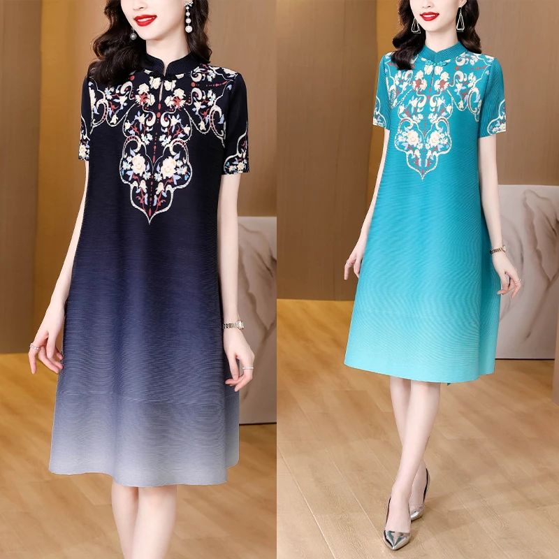Miyake Pleated Dress Women's Summer 2022 New Retro Printing Fashion Age-Reducing Loose Large Size Slim Casual Women's Dress