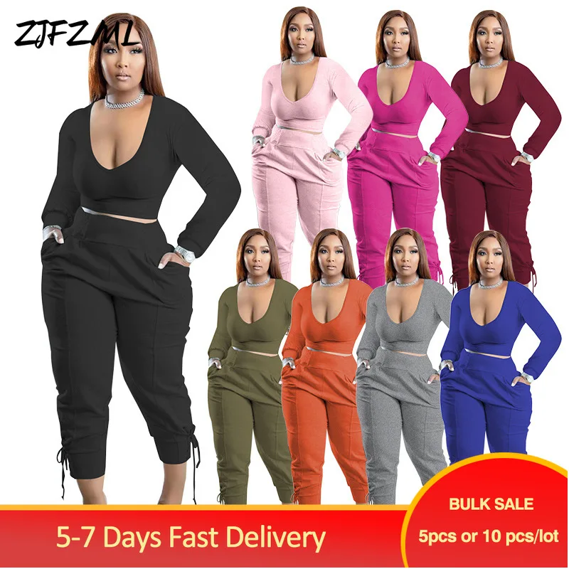 

Bulk Items Wholesale Lots Activewear Women's Loungewear Sets Casual Long Sleeve Deep V Neck Tops Tees + Workout Walking Trousers