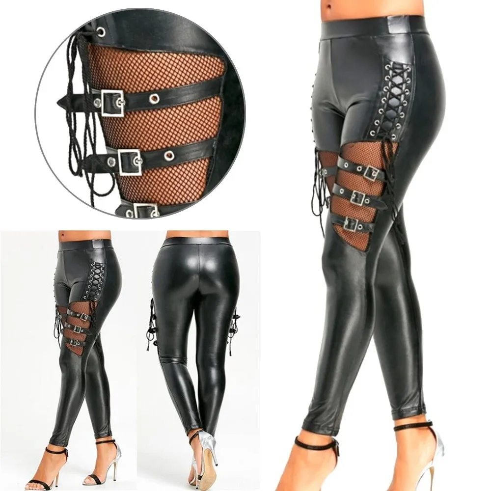 

Women PU Leather Skinny Slim Trouser Gothic Punk Leggings Fishnet Trim Lace Sexy Pant Pencil Pants Womens Bottoms Clubwear