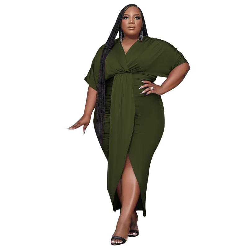 Summer Solid Color V-neck Split Plus Size Dress Fashion Temperament Half-sleeve Irregular Professional Women's Wholesale