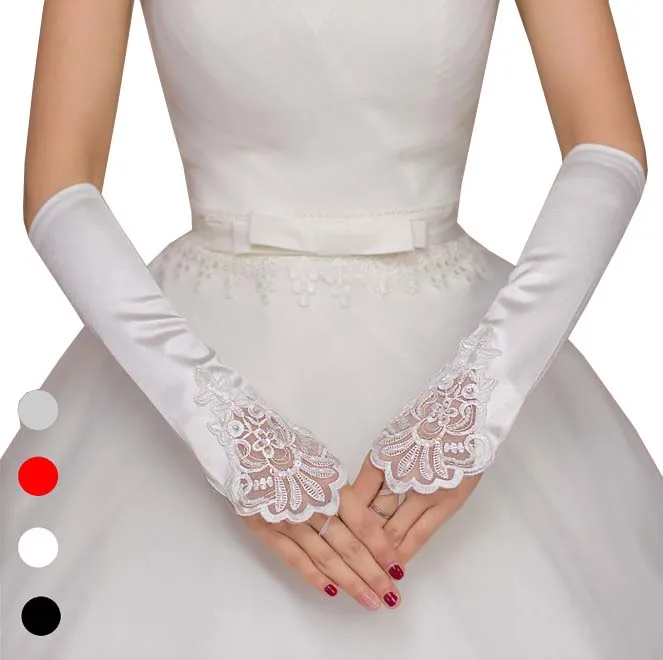 

1Pair Woman Bride Opera White Gloves Fingerless Elegant Beading Lace Satin Women Girls Prom Feast Wedding Accessories Gloves