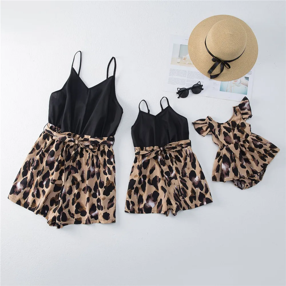 

Summer Mom and Daughter Family Look Black Leopard Print Colorblock Slip jumpsuit Mommy and Me Clothes Matching Family Outfits