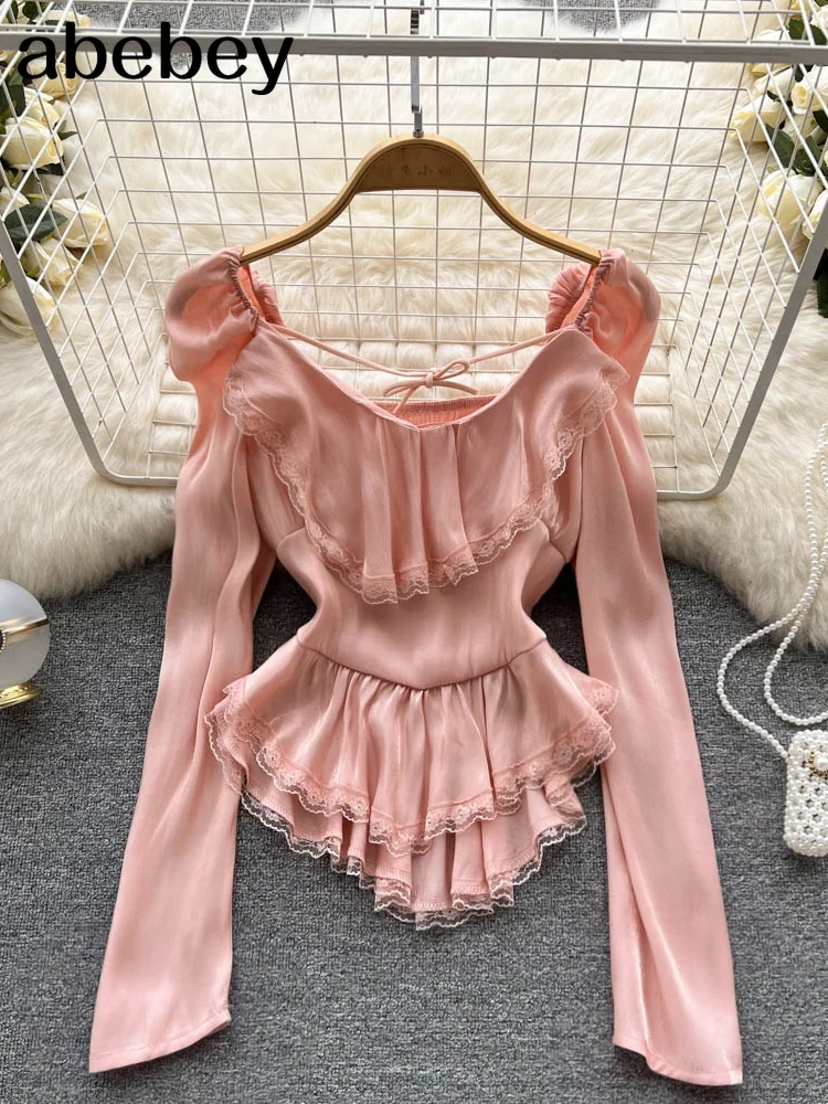 

legant French Lace Blouse Women Long Sleeve V Neck Slim Tops Autumn Fashion Korean Streetwear Short Blouses 2021 New