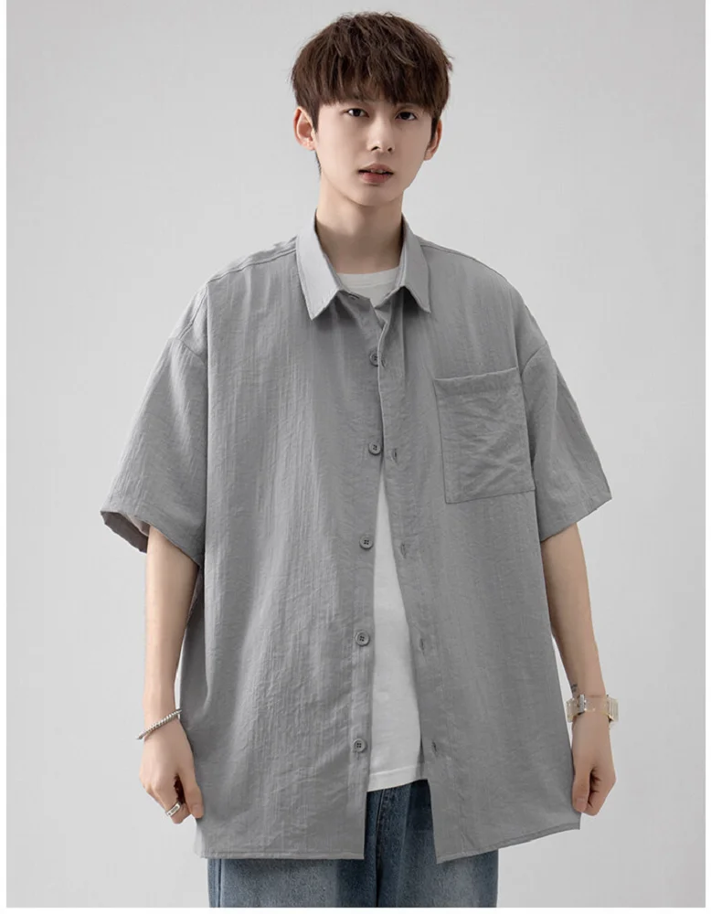 EOUW 2022 Fashion 2022 Summer Men Thin Ice Silk Linen Solid Color Casual Short Sleeved Shirt Youth Men's Clothes Trend Tops