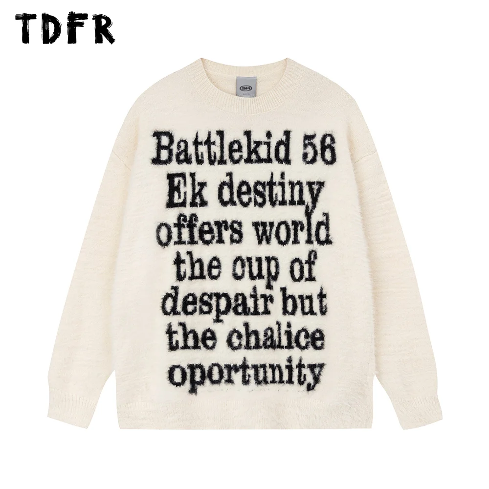 

Мужской Жаккардовый мохеровый вязаный пуловер с надписью, Повседневная Уличная одежда на осень и зиму, свободный свитер с круглым вырезом и длинным рукавом для мужчин